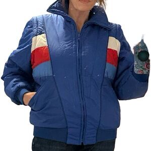 GLACIER BAY Vintage Ski Puffer Jacket Convertible Vest Blue Red White Size Small